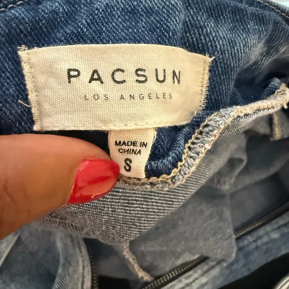 Pacsun Women Overall Blue Denim Zip Front Adjustable Strap Mini Dress Size Small